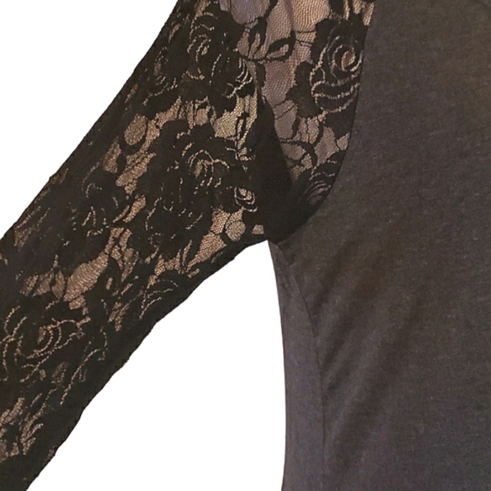 Goo Yoo Sheer Floral Black Lace Raglan Sleeves High Low Hem Gray Tunic Top M/L - Picture 10 of 16